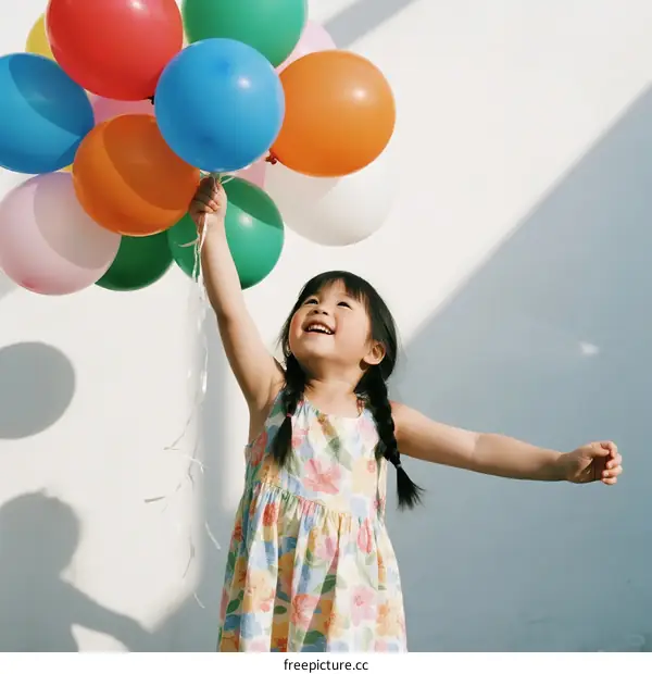 A Little Girl Holding Colorful Balloons with Joyful Expression