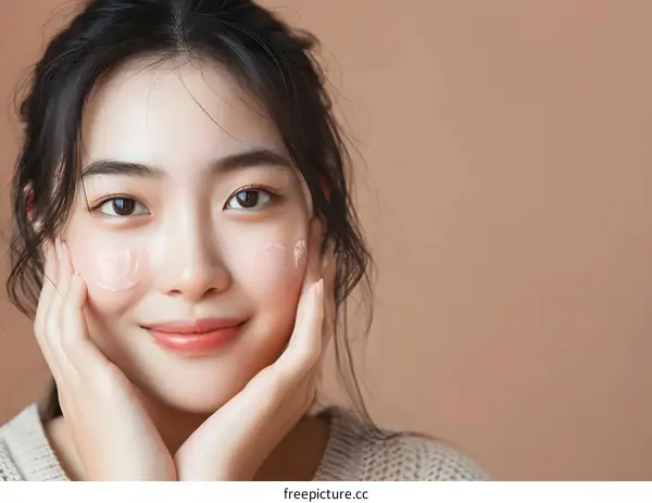 Smiling Asian Woman Applying Face Cream