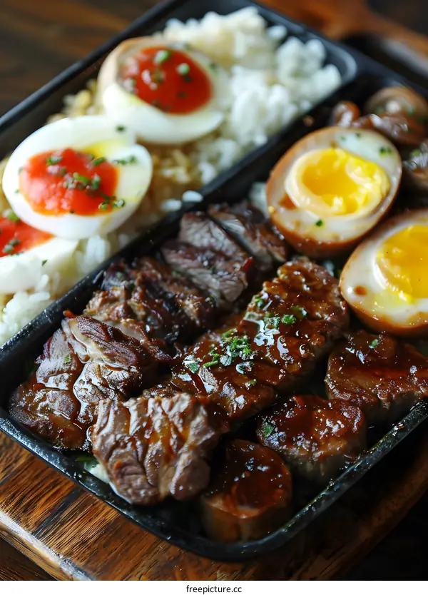 Japanese Bento Box with Beef and Eggs