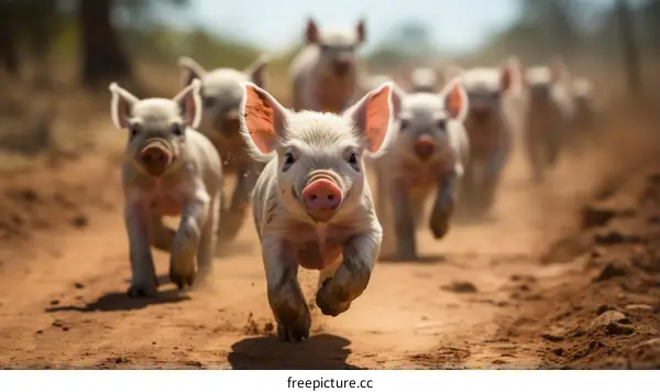 Piglets running on a dirt road