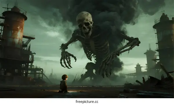 A Small Boy Facing a Giant Skeleton Monster in an Abandoned Industrial Area