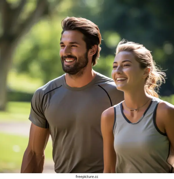 Couple smiling while jogging in park