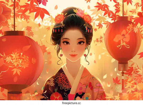 A beautiful Japanese woman in a kimono standing in a field of red彼岸花 flowers.