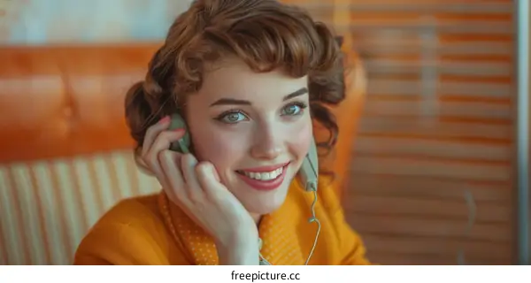 Portrait of a smiling woman with a vintage telephone