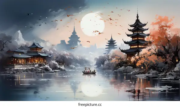 An illustration of a Chinese landscape with a lake, mountains, and a pavilion