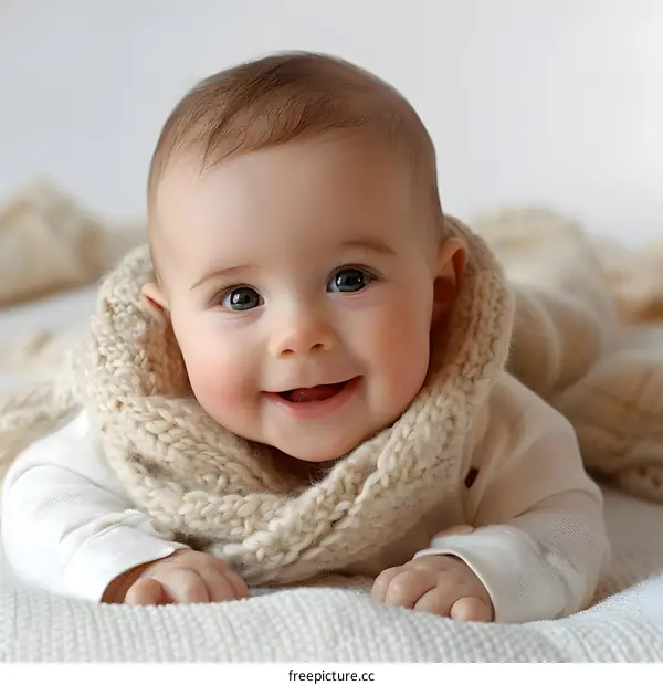 Happy Baby Boy in Knitted Scarf