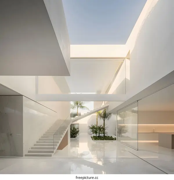 Modern Interior Design with Minimalist White Interior and Glass Railing Staircase
