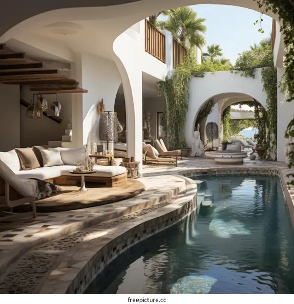 Modern luxury villa with swimming pool and outdoor living area