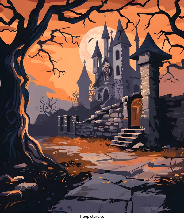 Spooky Halloween Castle Illustration with a Full Moon