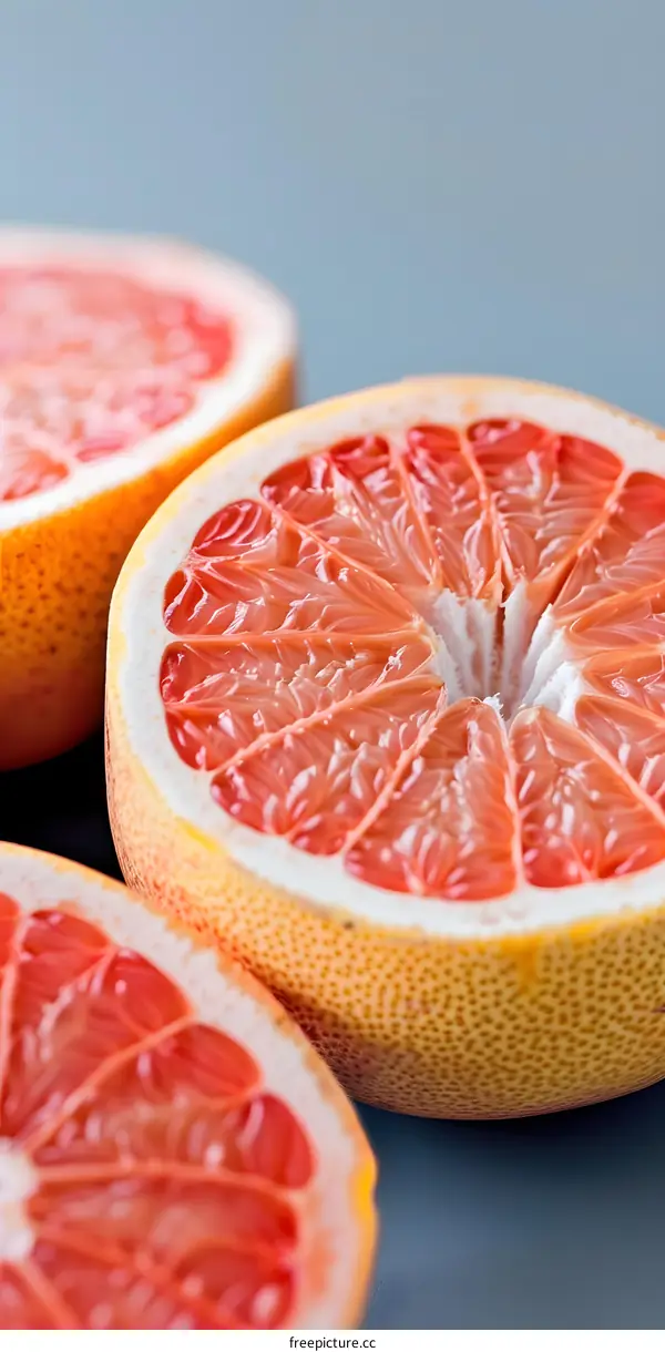 Fresh Red Grapefruit Slices on Blue Background