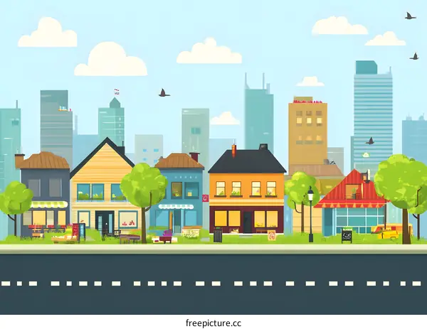Cartoon City Street Illustration with Shops and Trees
