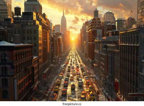 Snowy City Street at Sunset