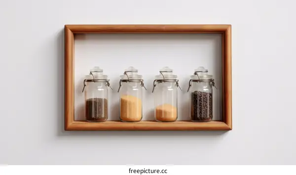 Four Glass Jars with Lids in a Wooden Frame