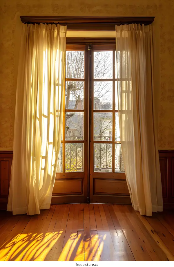 Sunlight streaming through a window with white curtains and wooden floor
