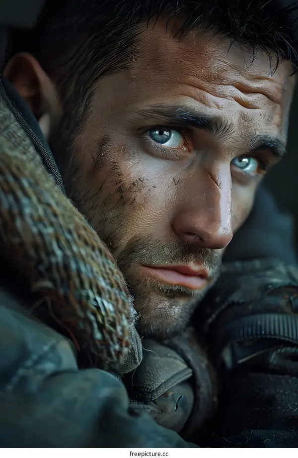 Portrait of a male model with blue eyes and a beard