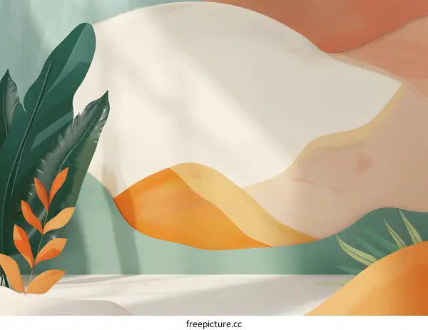 Abstract Background with Orange Hills and Green Leaves