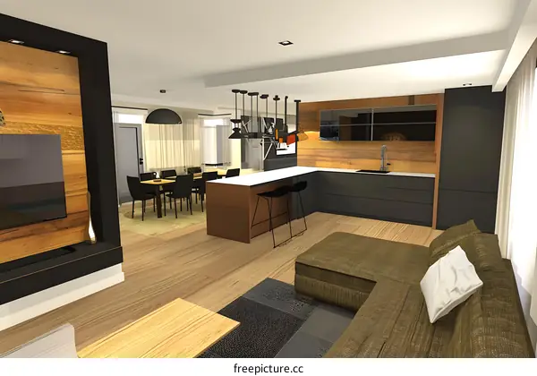 Modern Kitchen and Living Room Interior Design with Wooden Accents