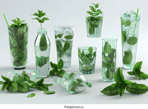 Refreshing Mint Leaves in Glass Bottles and Glasses