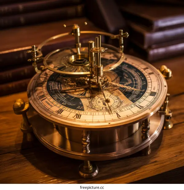 An illustration of a brass astrolabe with a brown wooden background