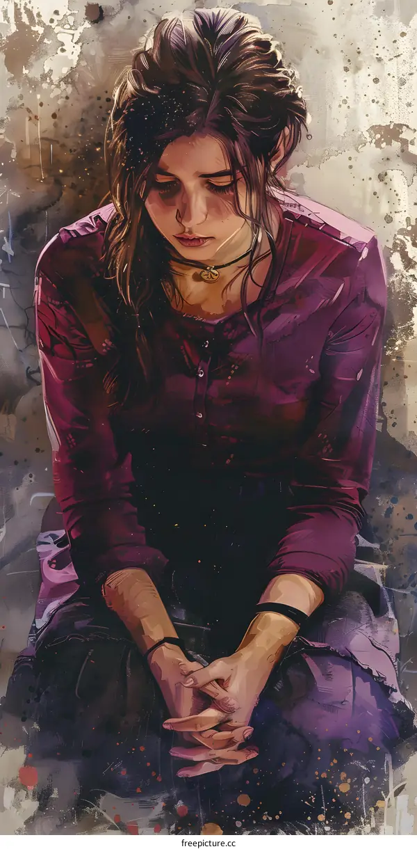 Digital Art Portrait of Young Woman with Watercolor Texture