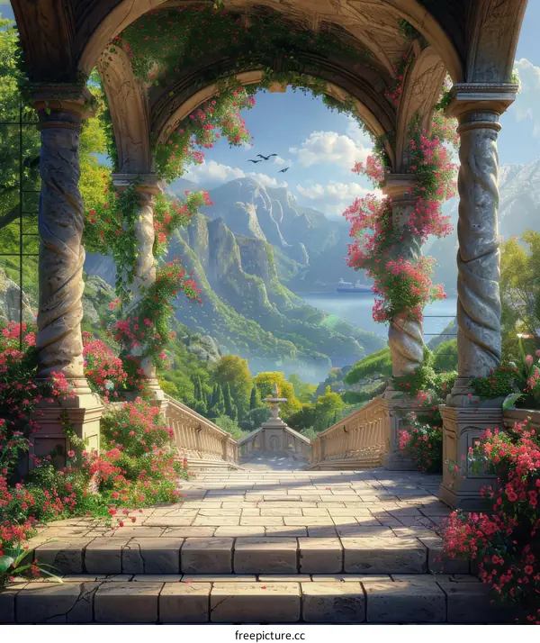 Enchanted Fantasy Landscape with Majestic Mountain and Sea Views