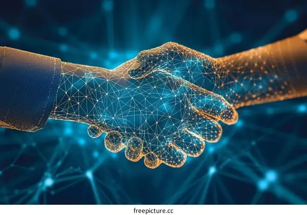 Digital Handshake: Two Hands Made of Glowing Dots and Lines