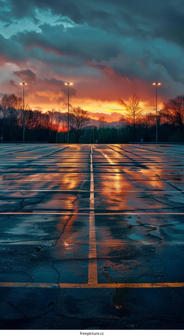 Empty parking lot at sunset