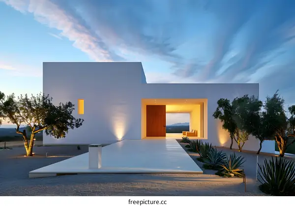 Modern White House with Wooden Door in Front of a Sunset Sky