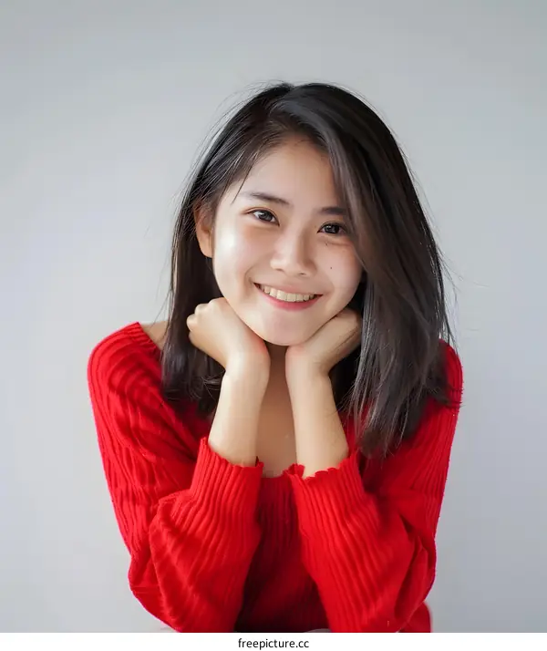 Smiling Asian Woman Wearing Red Sweater