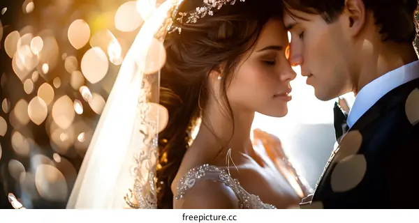A beautiful bride and groom share a tender moment on their wedding day.