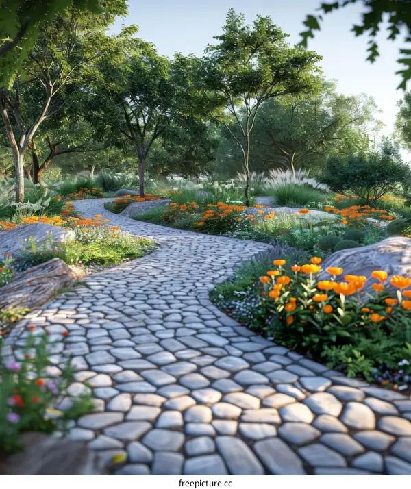 Cobblestone Path Leading through Tranquil Garden