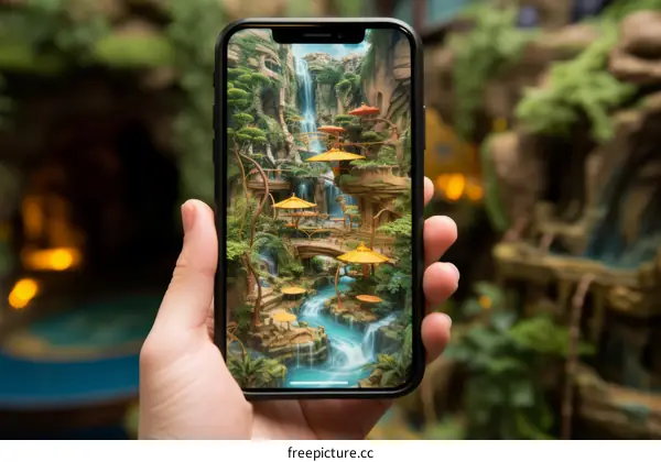 Hand with Smartphone Displays Landscape with Waterfalls and Bridges
