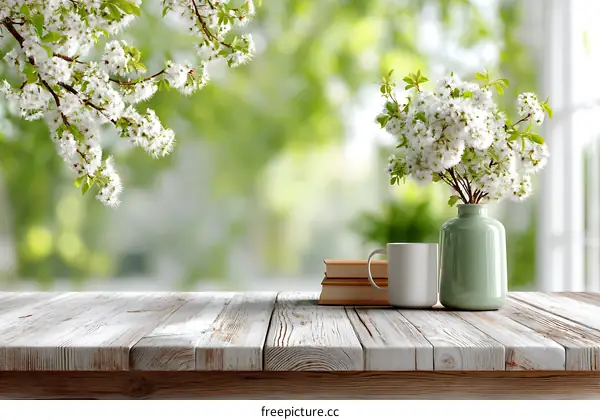 Spring Blossom Table Top View with Books and Cup