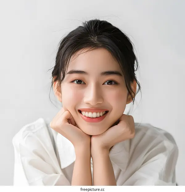 Smiling Asian Woman Wearing White Shirt