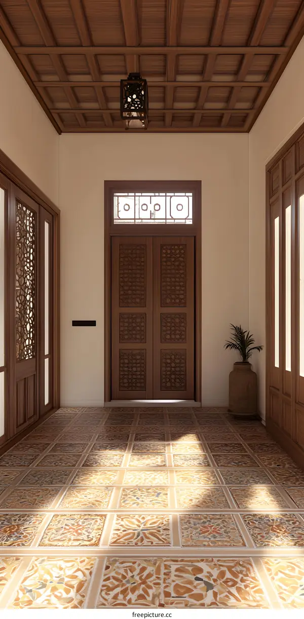 Intricate Carved Wooden Doors and Ornate Tile Floor in a Grand Foyer