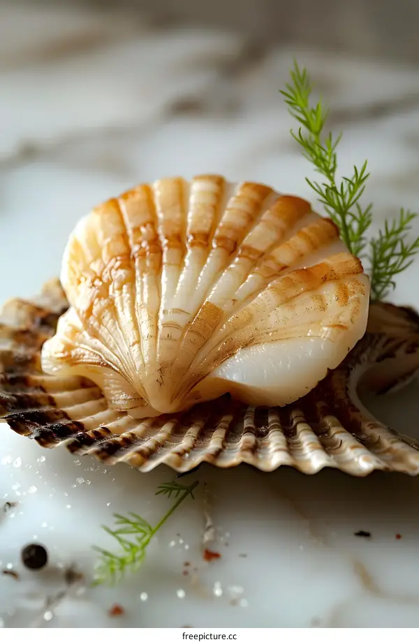 A close-up image of a grilled scallop on a shell with dill