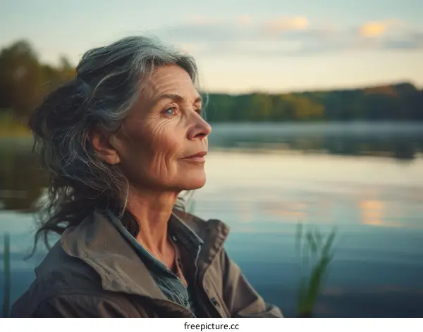 A woman is sitting on a dock and looking out at the lake.