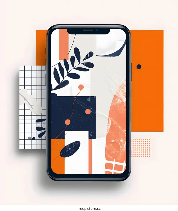 Abstract Phone Screen with Geometric Shapes and Leaves