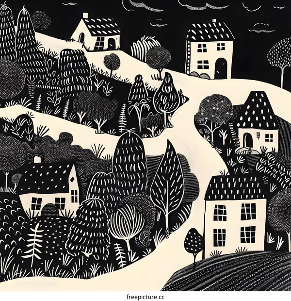 Black and White Illustration of Houses in a Forest