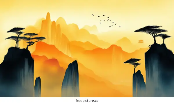 Sunrise Mountain Landscape in Eastern Style Painting