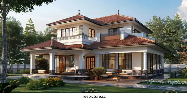 Spanish Style Villa with Courtyard Garden and Lush Greenery