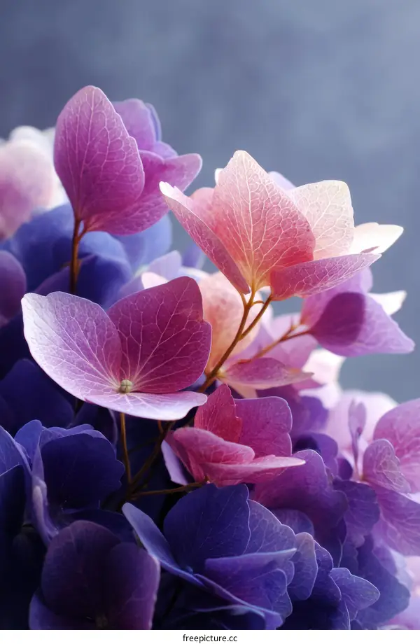Close-up of Vibrant Hydrangea Flowers in Purple and Pink