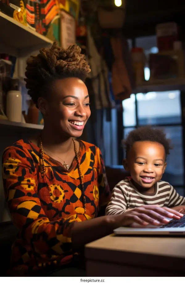 A smiling woman and a young boy look at a laptop together.