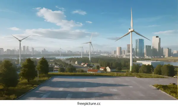 Urban wind turbines with city skyline in background