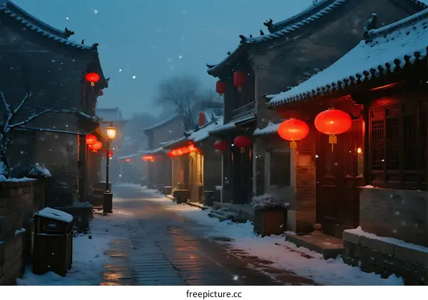 Ancient Chinese Alleyway Covered with Snow at Night