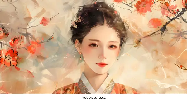 A beautiful Chinese woman in a traditional dress with peach blossoms in the background