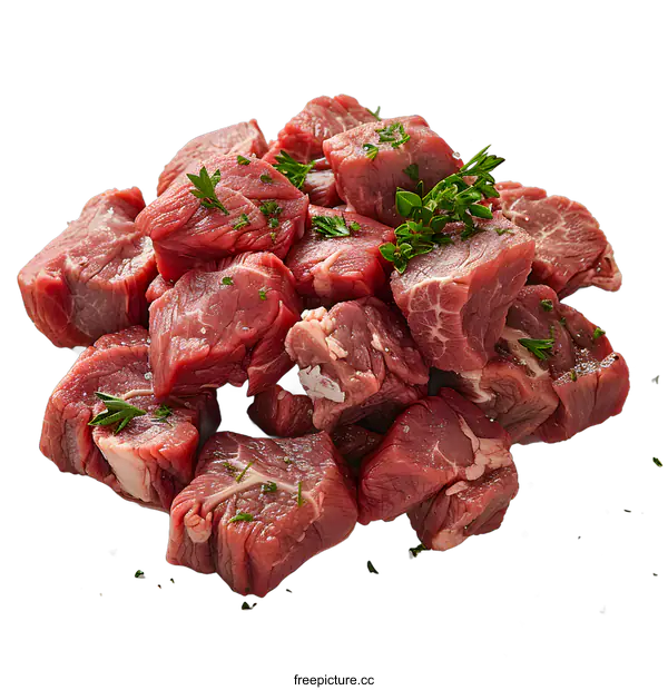 [Transparent Background PNG]Raw beef cubes with thyme and salt