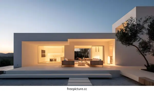 Minimalist Modern Home Exterior with Patio and Olive Tree