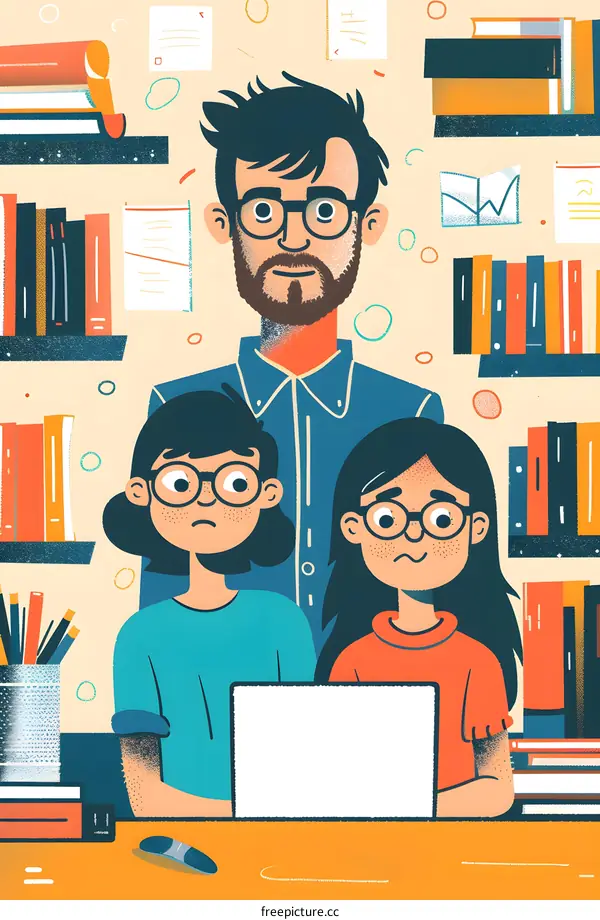 Dad Watching Kids Study With Laptop