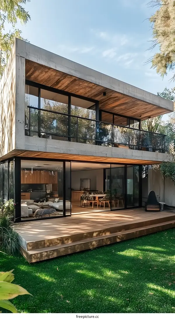 Modern House With Wooden Deck And Large Windows